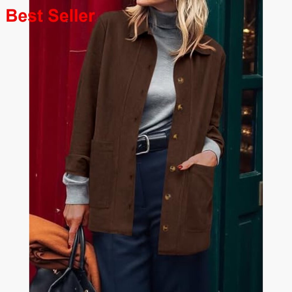 Faux Suede Jacket Long Sleeve Button Down Relaxed Fit Trench Coat - Picture 6 of 7